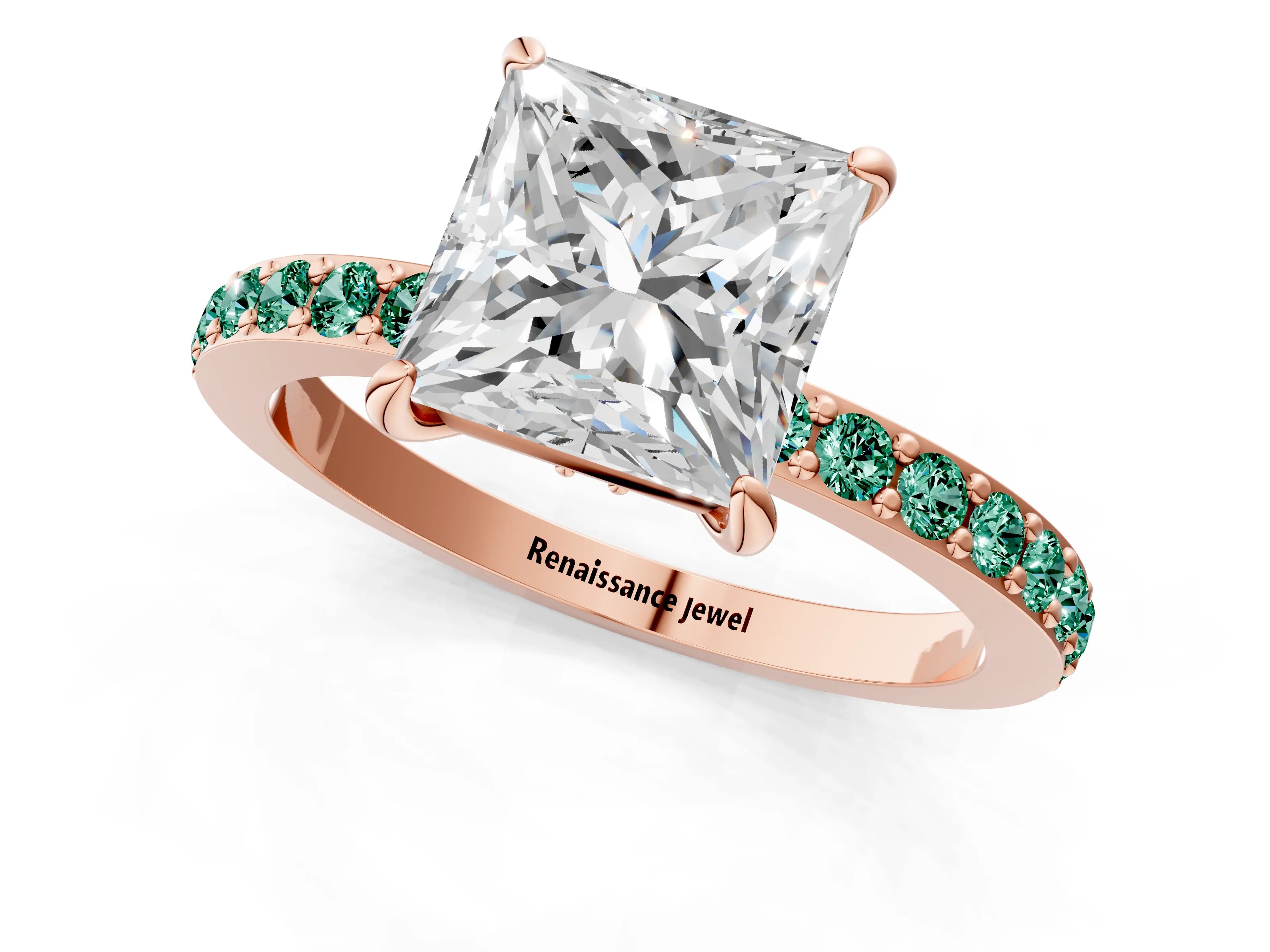 Rose gold Princess Cut Diamond Pavé Engagement Ring with Round with Green Sapphire side stone Accents and Prong Setting_1