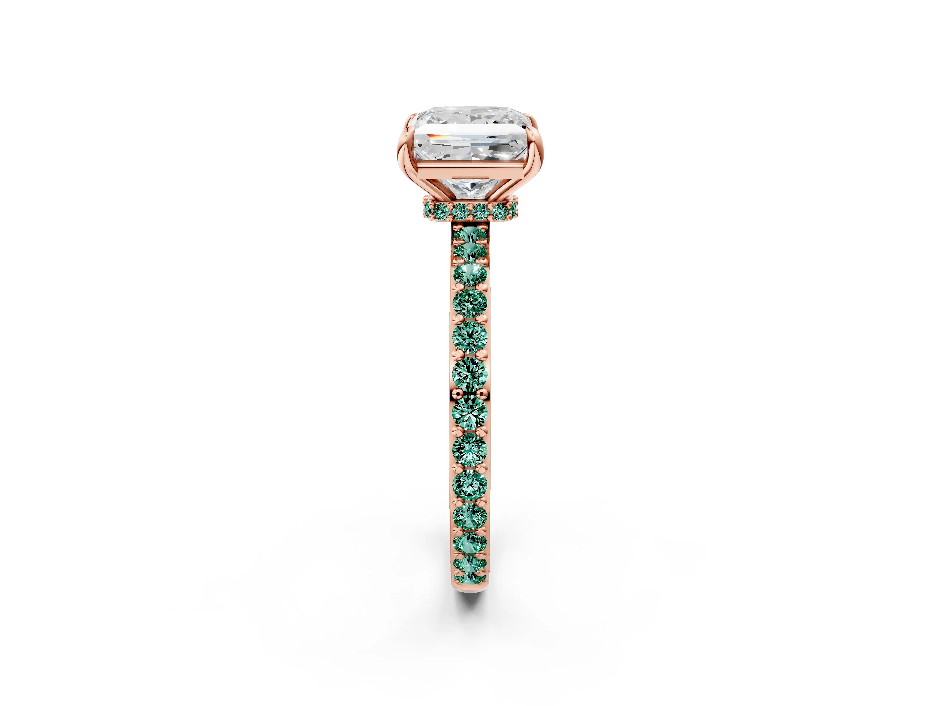 Rose gold Princess Cut Diamond Pavé Engagement Ring with Round with Green Sapphire side stone Accents and Prong Setting_2
