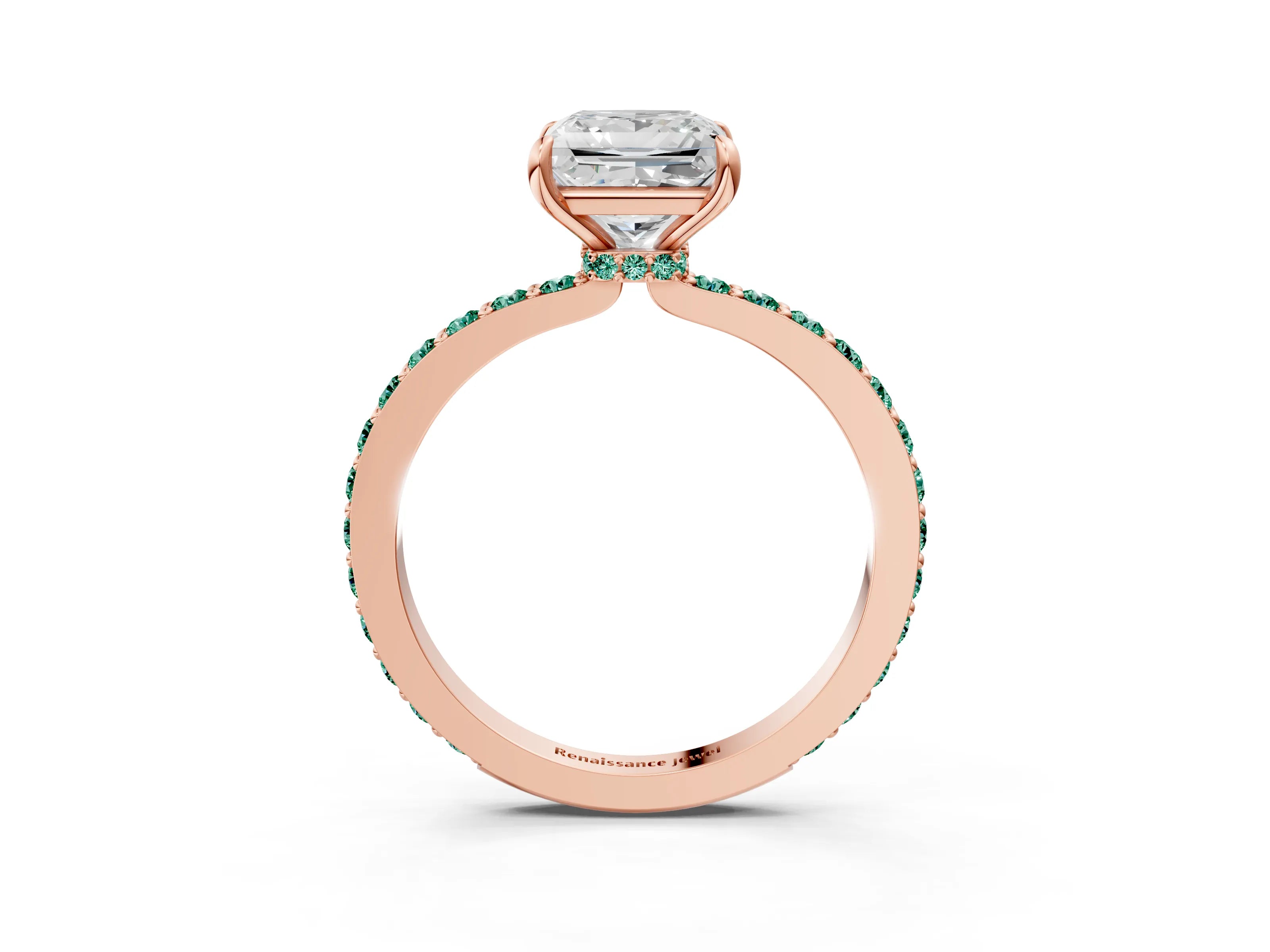 Rose gold Princess Cut Diamond Pavé Engagement Ring with Round with Green Sapphire side stone Accents and Prong Setting_3