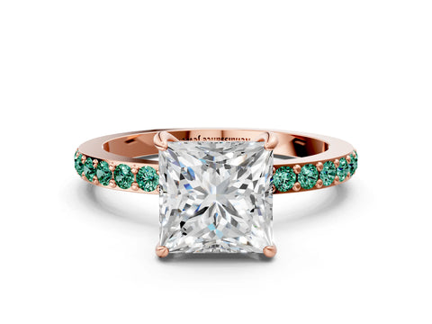 Rose gold Princess Cut Diamond Pavé Engagement Ring with Round with Green Sapphire side stone Accents and Prong Setting