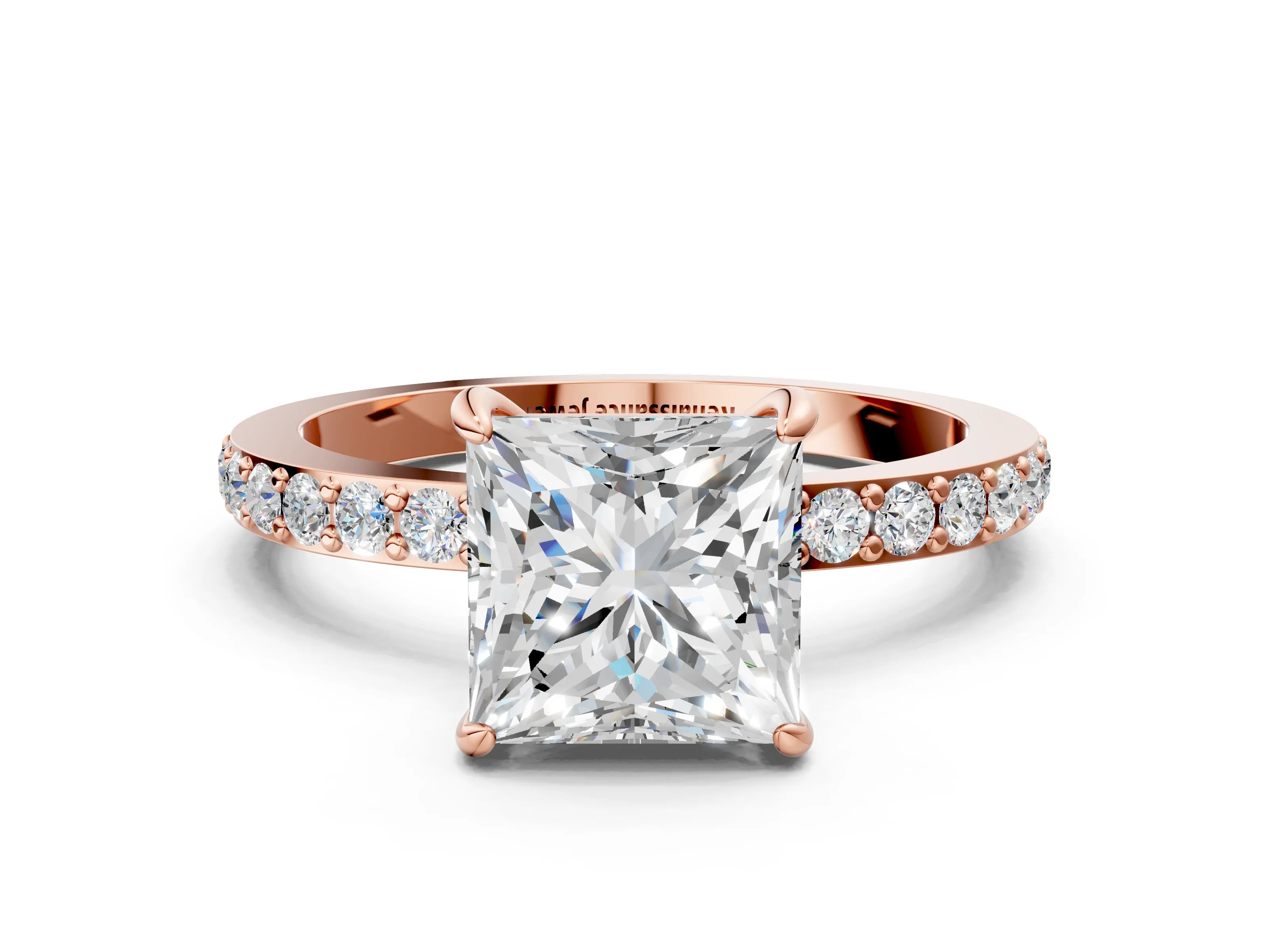 Rose gold Princess Cut Diamond Pavé Engagement Ring with Round with Moissanite side stone Accents and Prong Setting