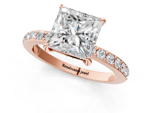 Rose gold Princess Cut Diamond Pavé Engagement Ring with Round with Moissanite side stone Accents and Prong Setting_1