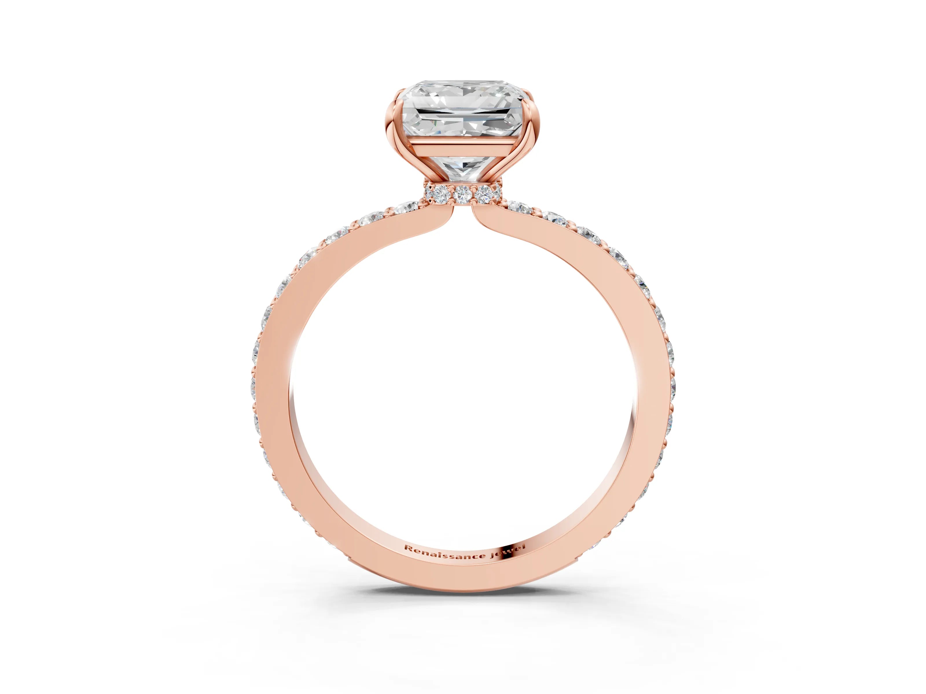 Rose gold Princess Cut Diamond Pavé Engagement Ring with Round with Moissanite side stone Accents and Prong Setting_3