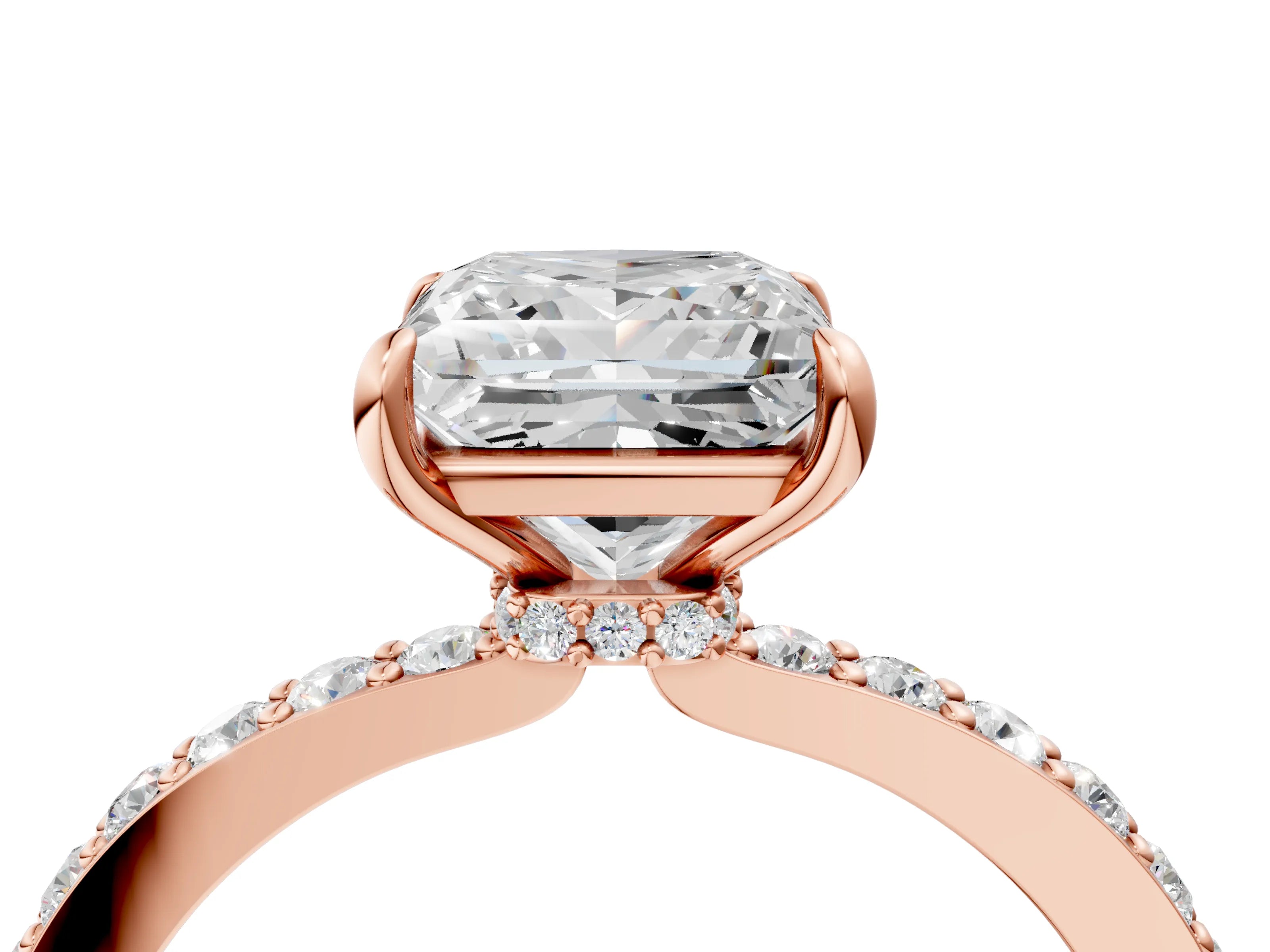 Rose gold Princess Cut Diamond Pavé Engagement Ring with Round with Moissanite side stone Accents and Prong Setting_4