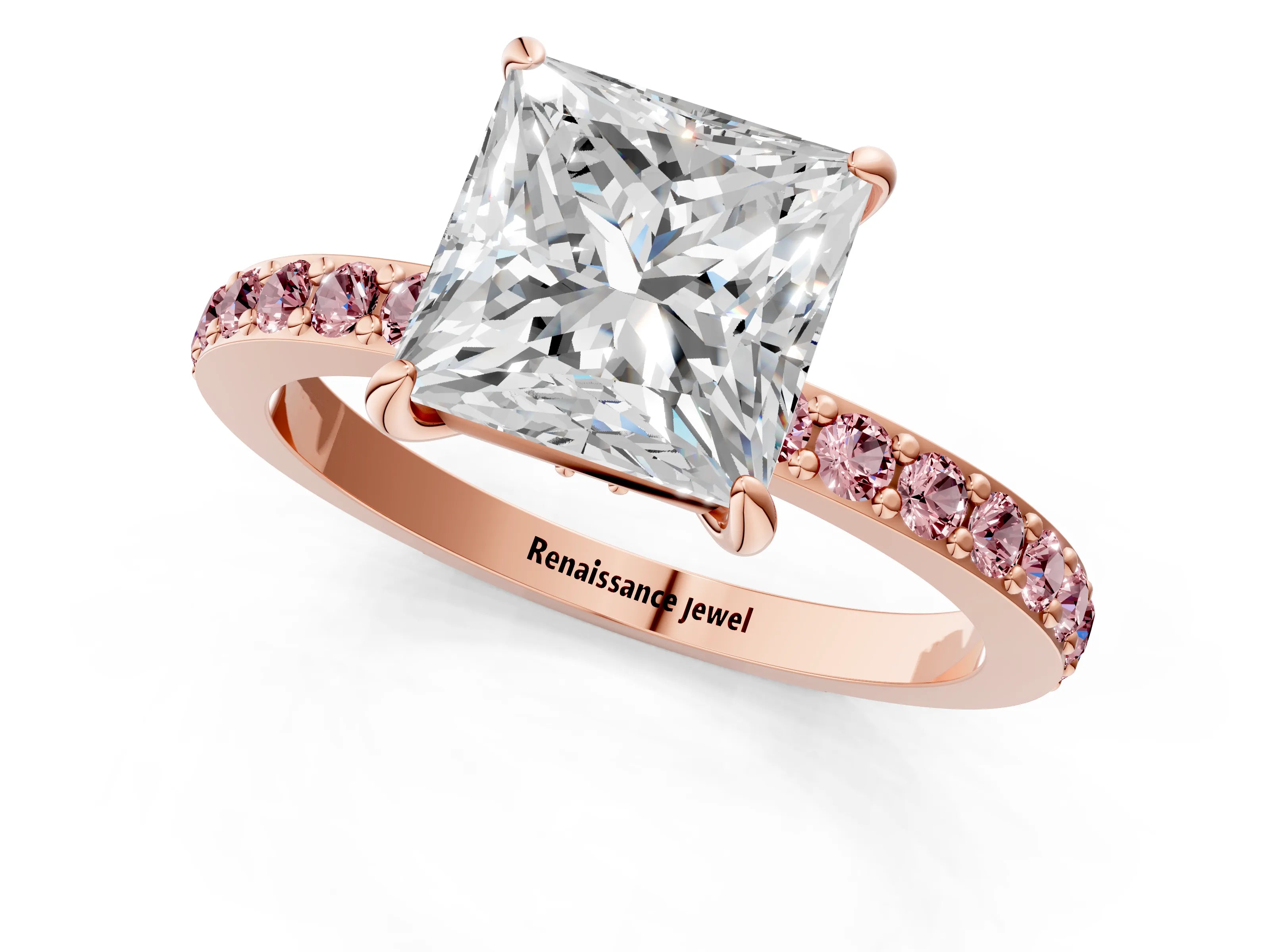 Rose gold Princess Cut Diamond Pavé Engagement Ring with Round with Morganite side stone Accents and Prong Setting_1