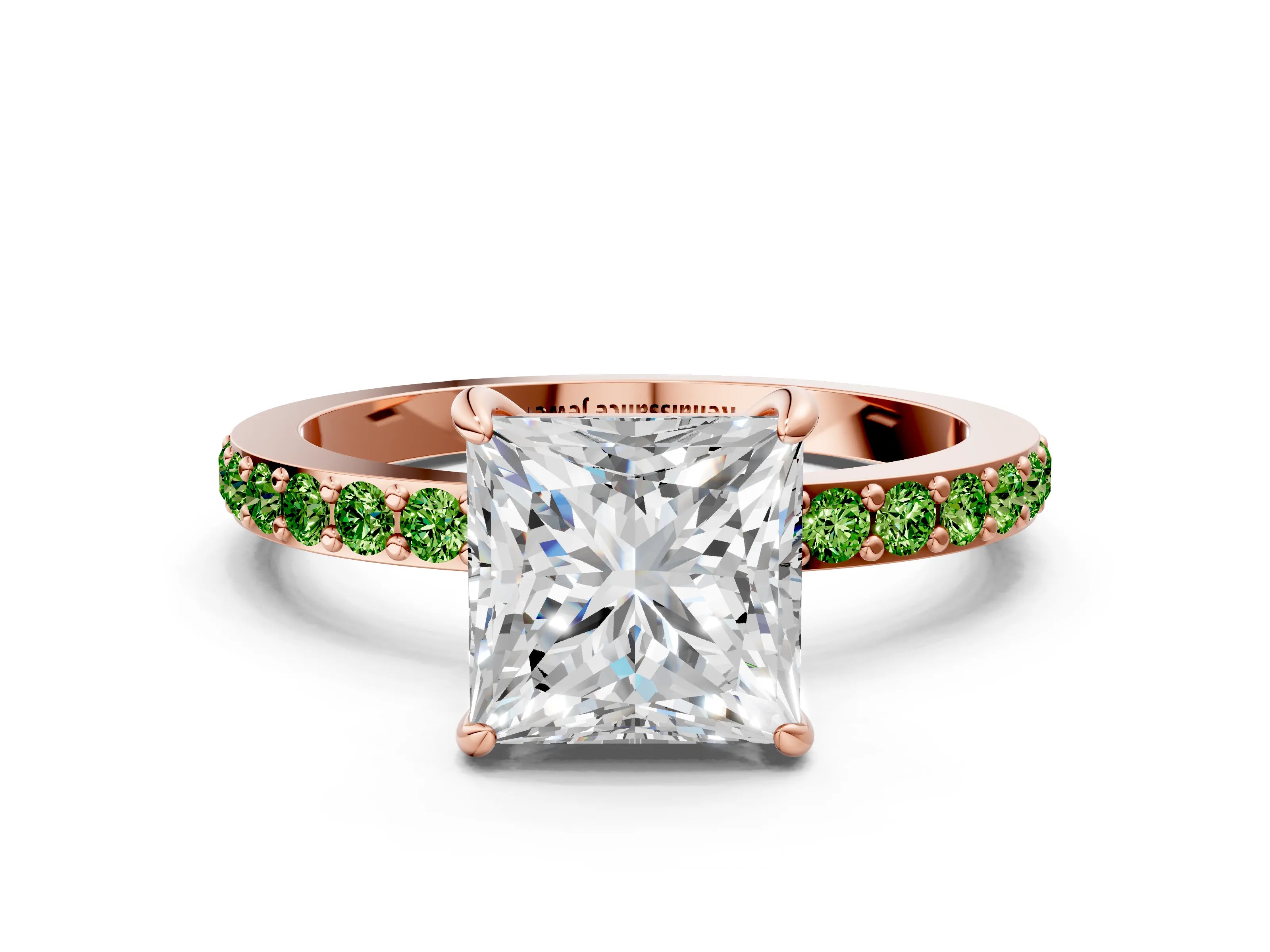 Rose gold Princess Cut Diamond Pavé Engagement Ring with Round with Peridot side stone Accents and Prong Setting