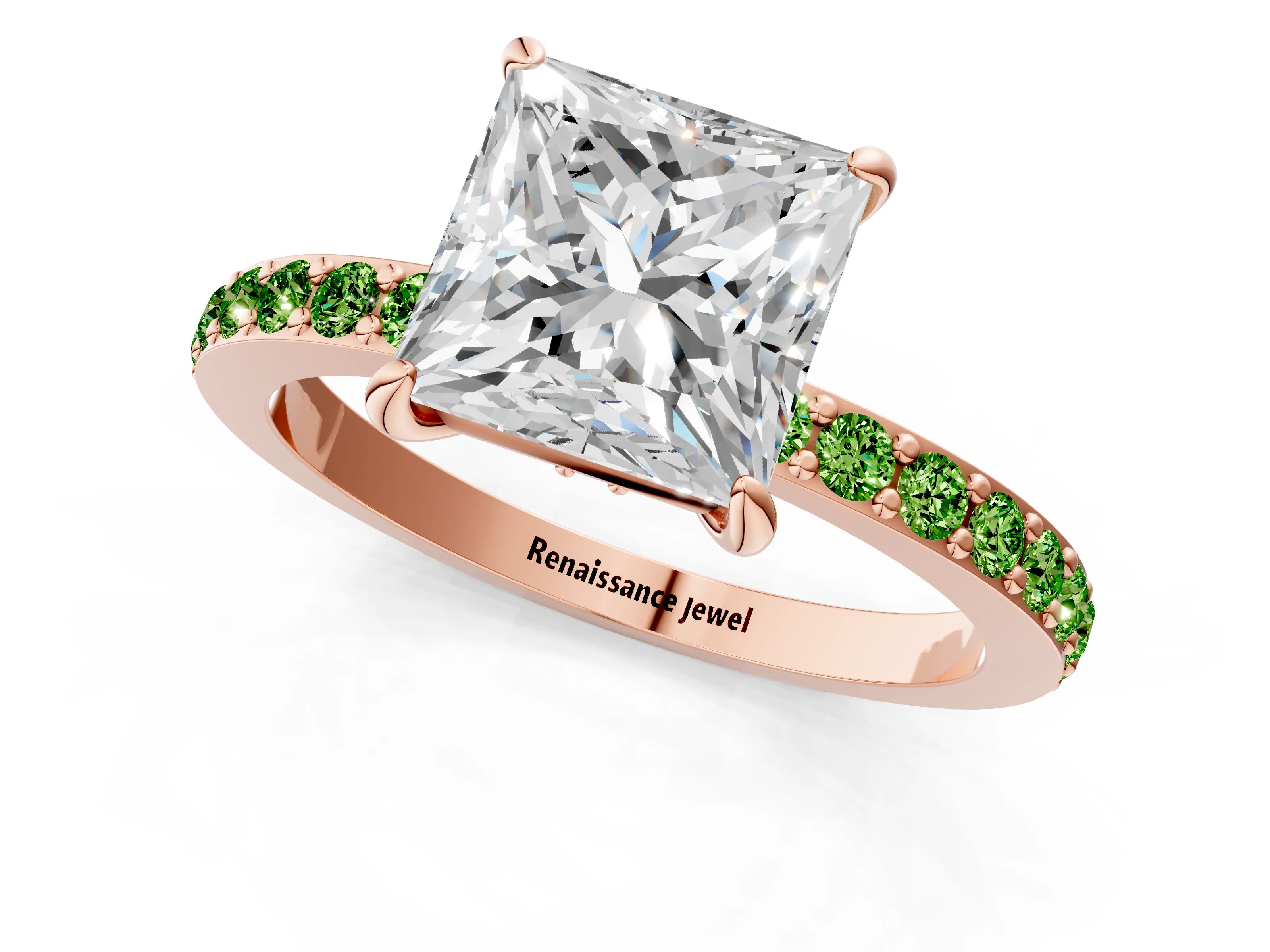 Rose gold Princess Cut Diamond Pavé Engagement Ring with Round with Peridot side stone Accents and Prong Setting_1