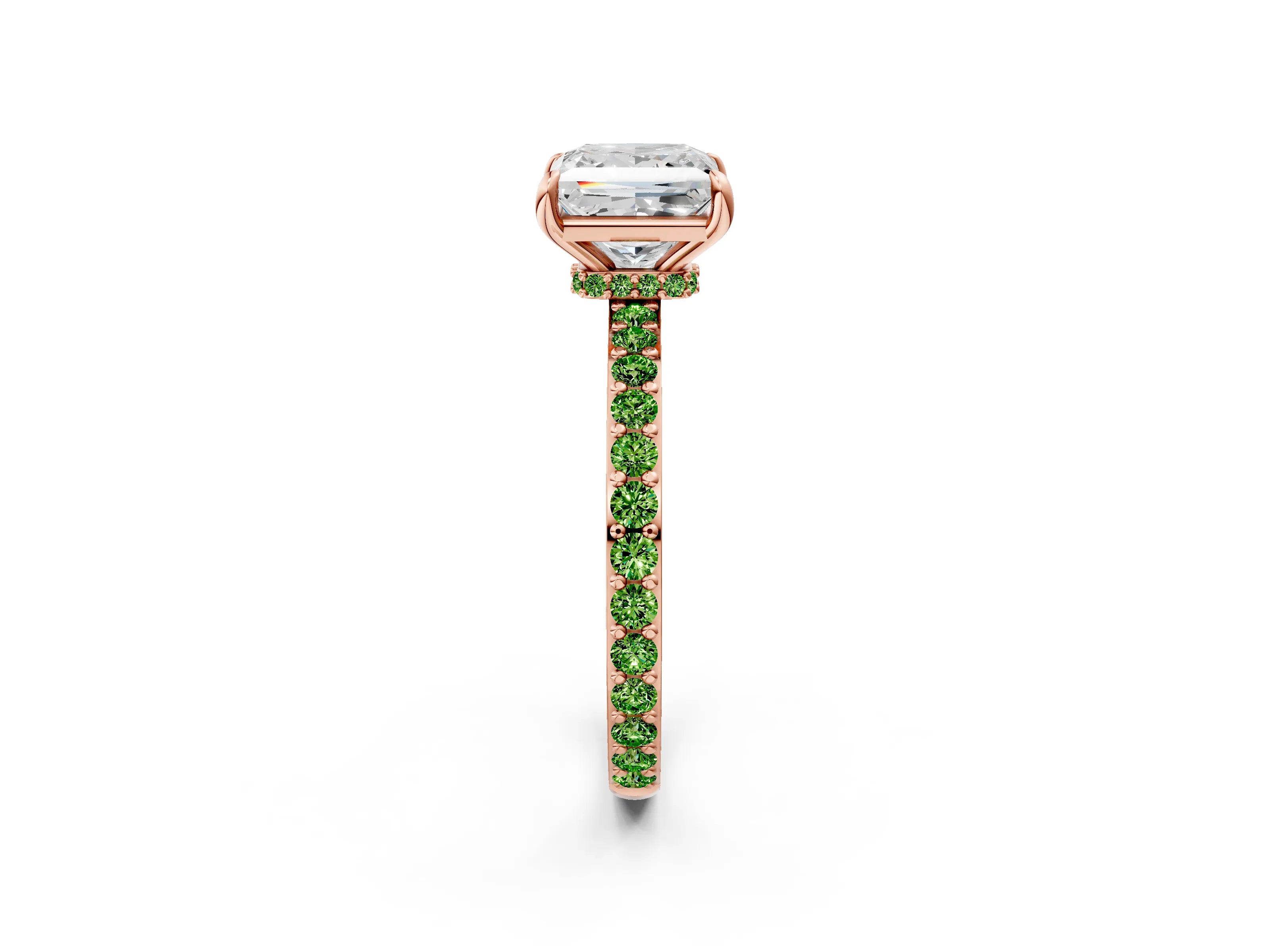 Rose gold Princess Cut Diamond Pavé Engagement Ring with Round with Peridot side stone Accents and Prong Setting_2