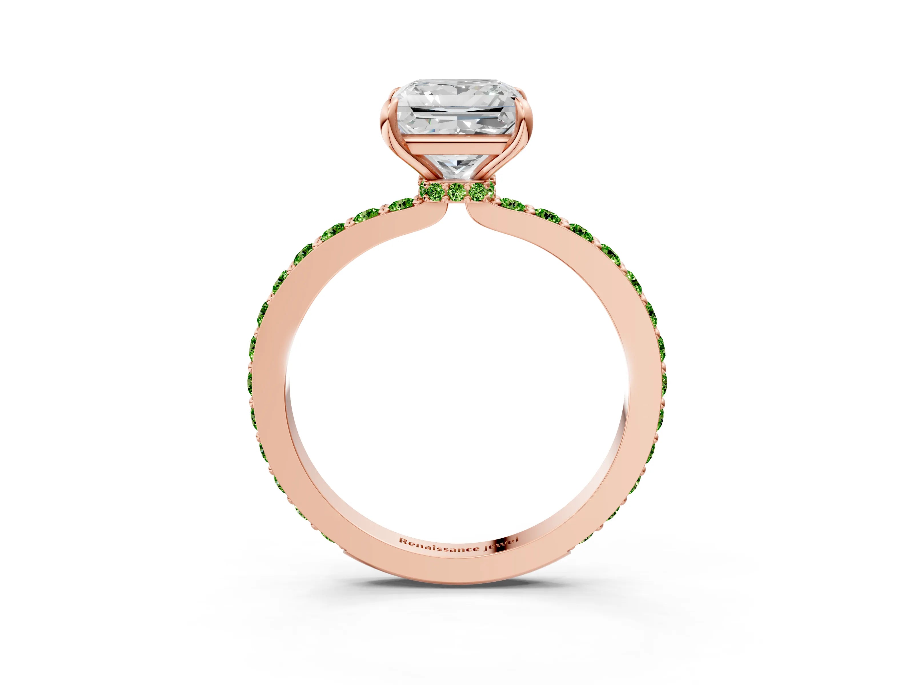 Rose gold Princess Cut Diamond Pavé Engagement Ring with Round with Peridot side stone Accents and Prong Setting_3