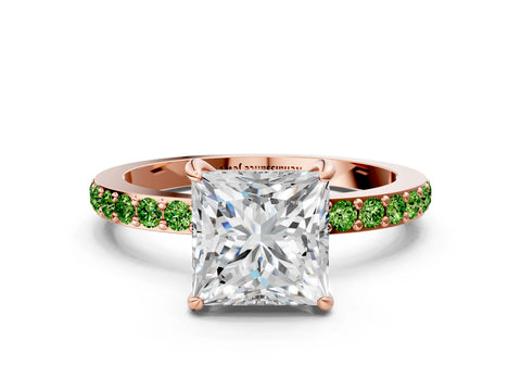 Rose gold Princess Cut Diamond Pavé Engagement Ring with Round with Peridot side stone Accents and Prong Setting