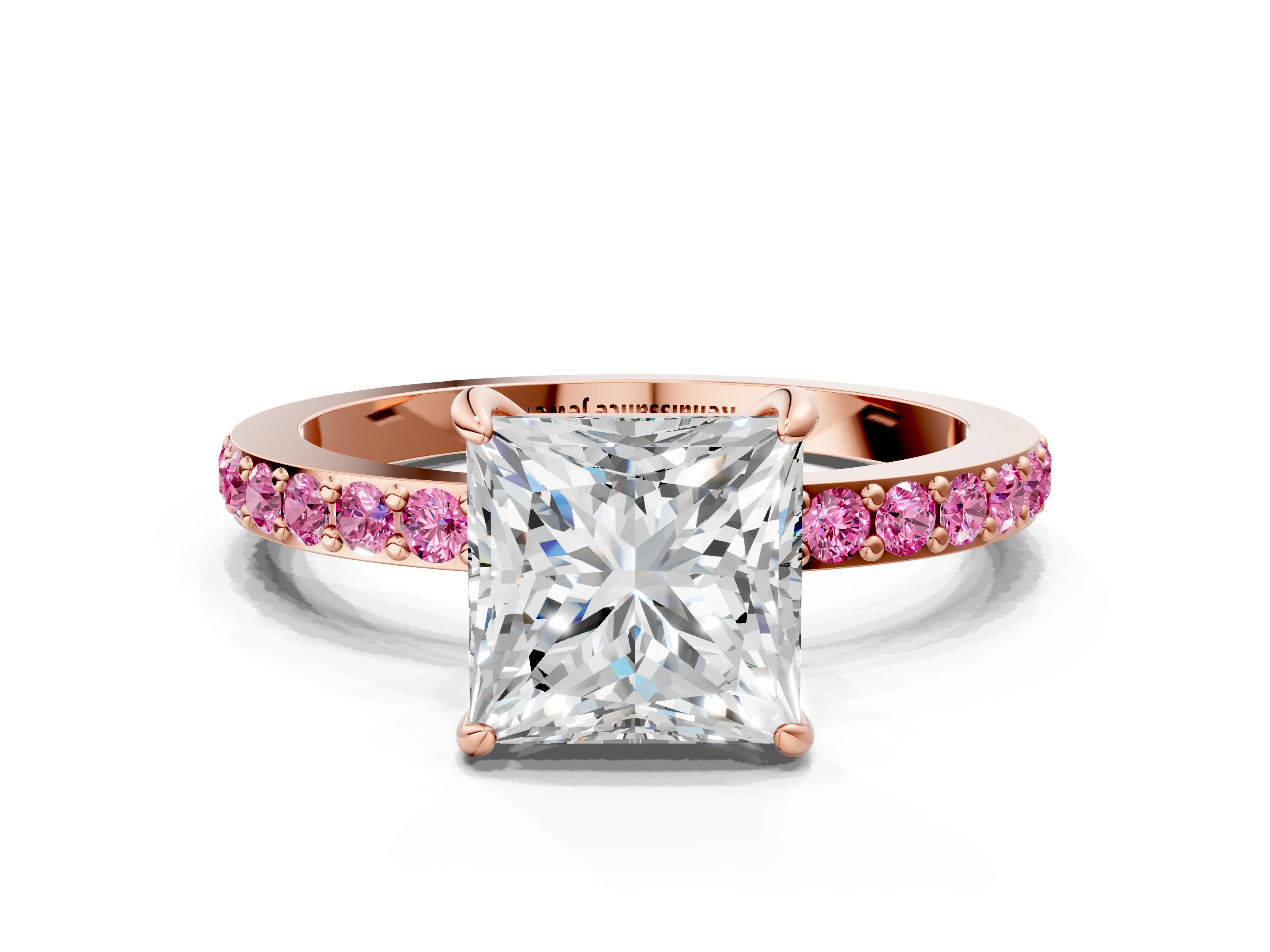 Rose gold Princess Cut Diamond Pavé Engagement Ring with Round with Pink Sapphire side stone Accents and Prong Setting