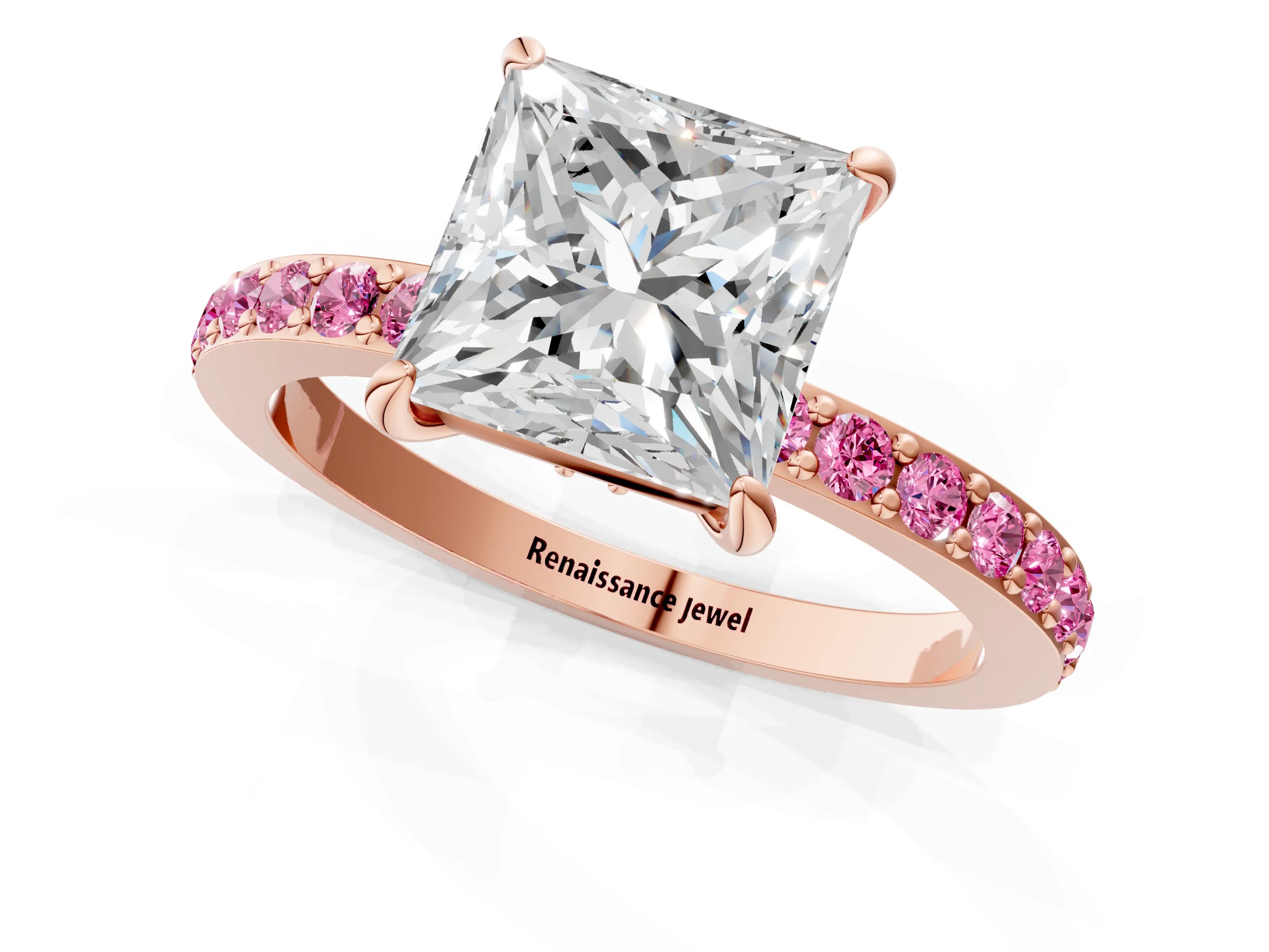 Rose gold Princess Cut Diamond Pavé Engagement Ring with Round with Pink Sapphire side stone Accents and Prong Setting_1