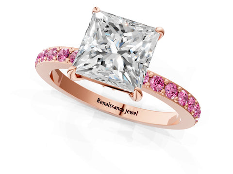 Rose gold Princess Cut Diamond Pavé Engagement Ring with Round with Pink Sapphire side stone Accents and Prong Setting_1