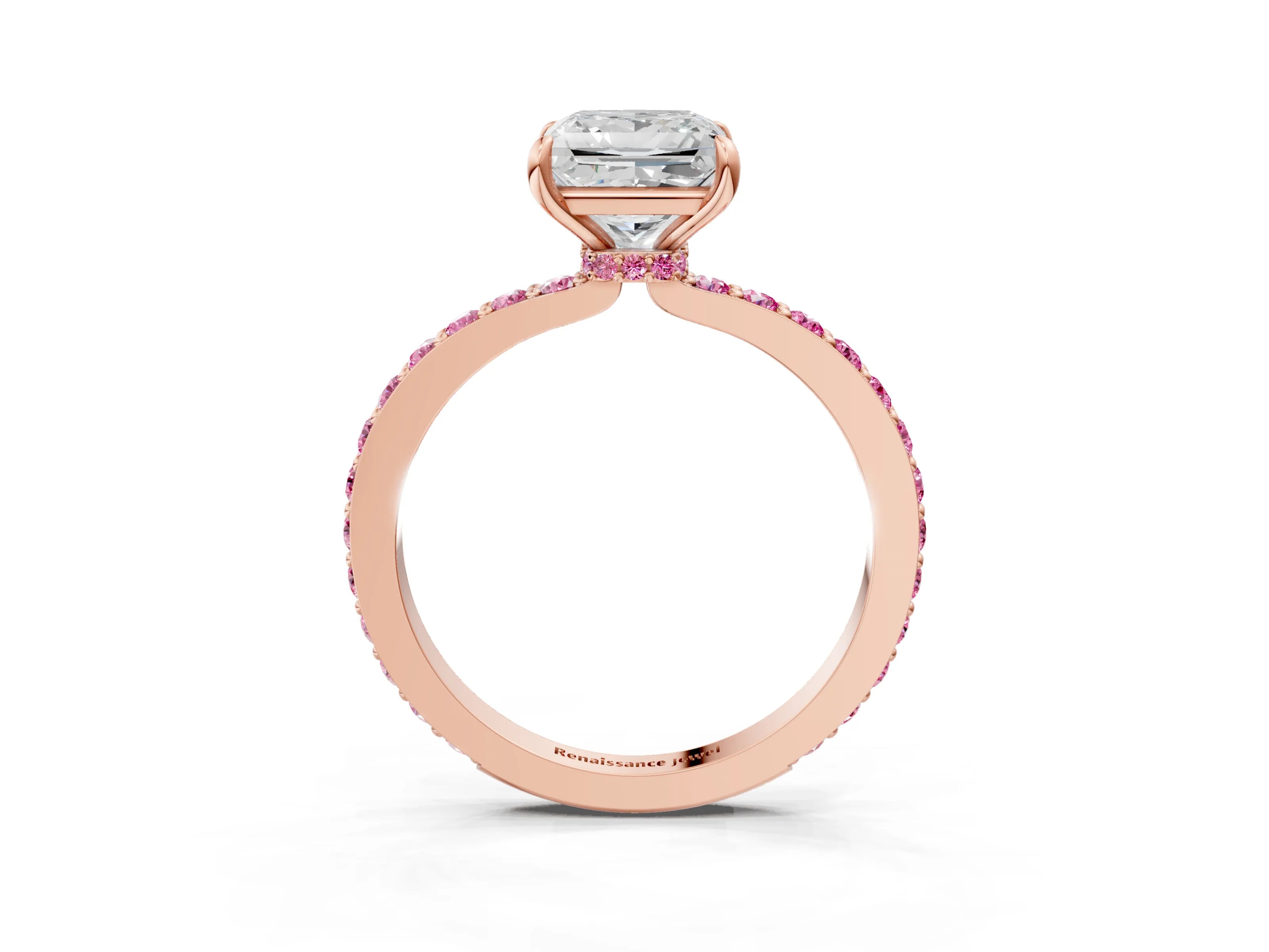 Rose gold Princess Cut Diamond Pavé Engagement Ring with Round with Pink Sapphire side stone Accents and Prong Setting_3