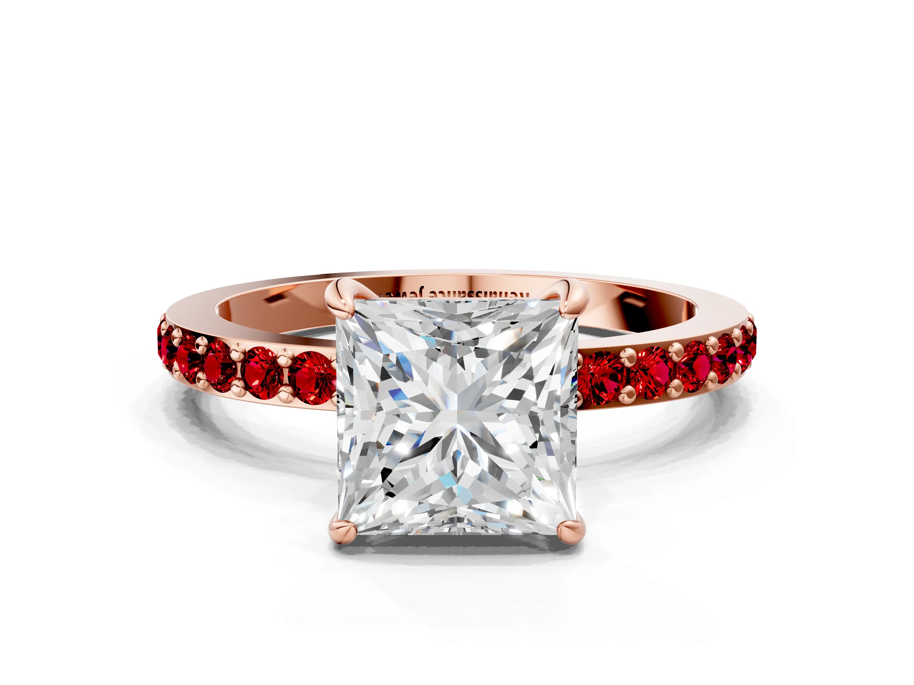 Rose gold Princess Cut Diamond Pavé Engagement Ring with Round with Ruby side stone Accents and Prong Setting