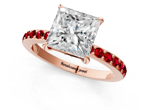Rose gold Princess Cut Diamond Pavé Engagement Ring with Round with Ruby side stone Accents and Prong Setting_1