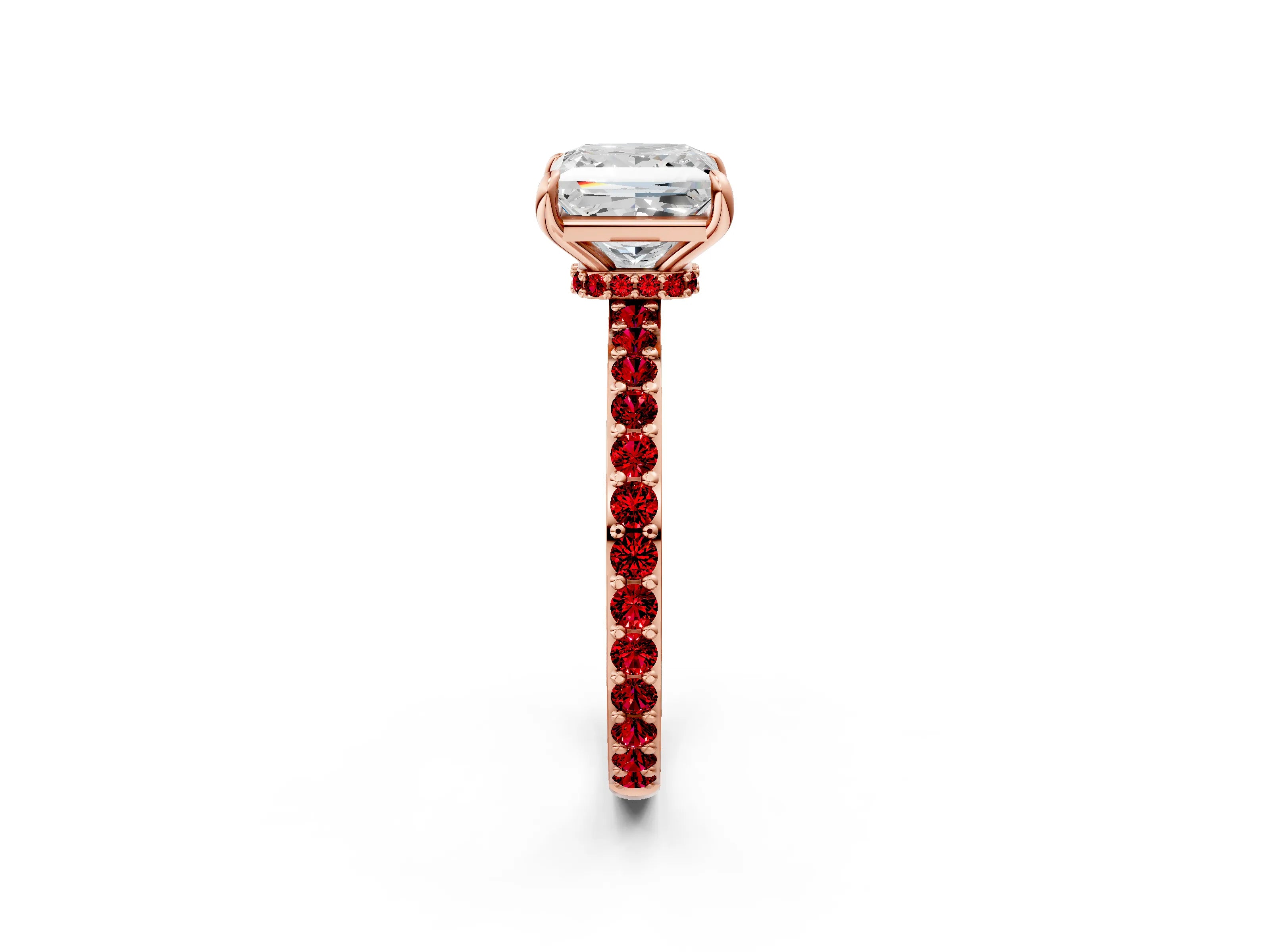Rose gold Princess Cut Diamond Pavé Engagement Ring with Round with Ruby side stone Accents and Prong Setting_2
