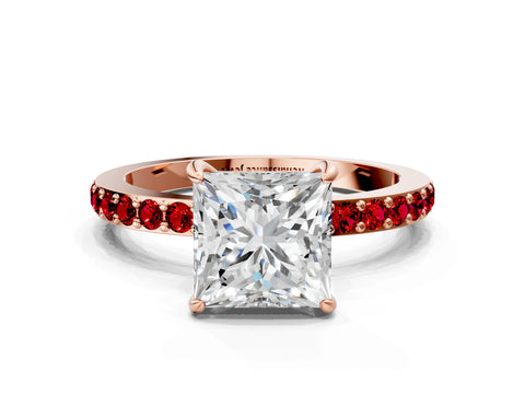 Rose gold Princess Cut Diamond Pavé Engagement Ring with Round with Ruby side stone Accents and Prong Setting