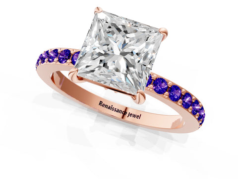 Rose gold Princess Cut Diamond Pavé Engagement Ring with Round with Tanzanite side stone Accents and Prong Setting_1