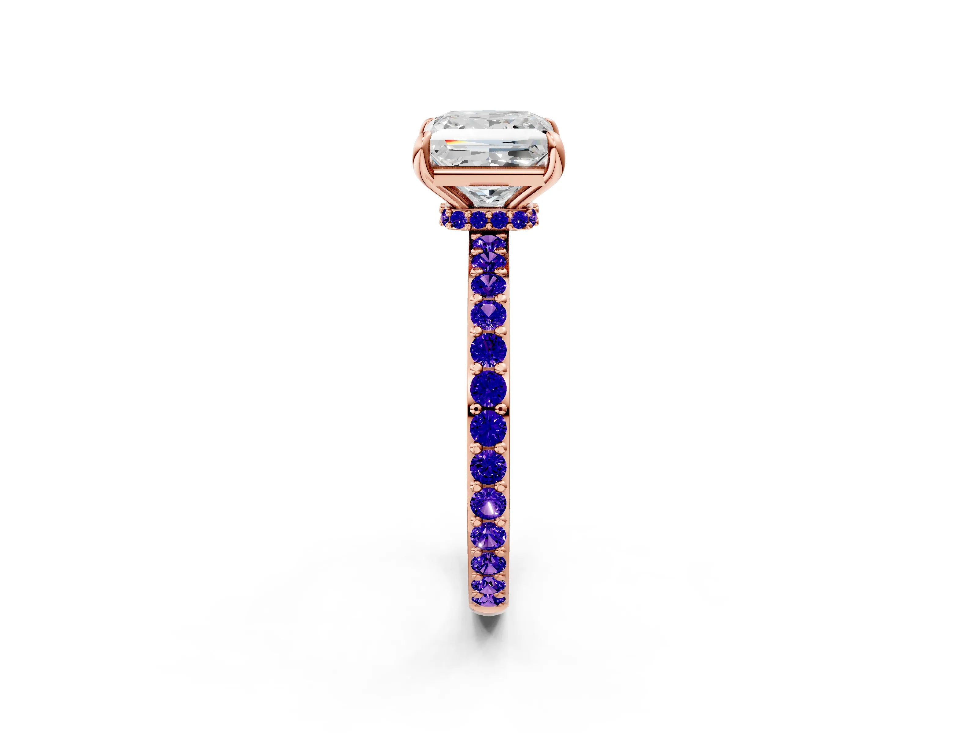 Rose gold Princess Cut Diamond Pavé Engagement Ring with Round with Tanzanite side stone Accents and Prong Setting_2
