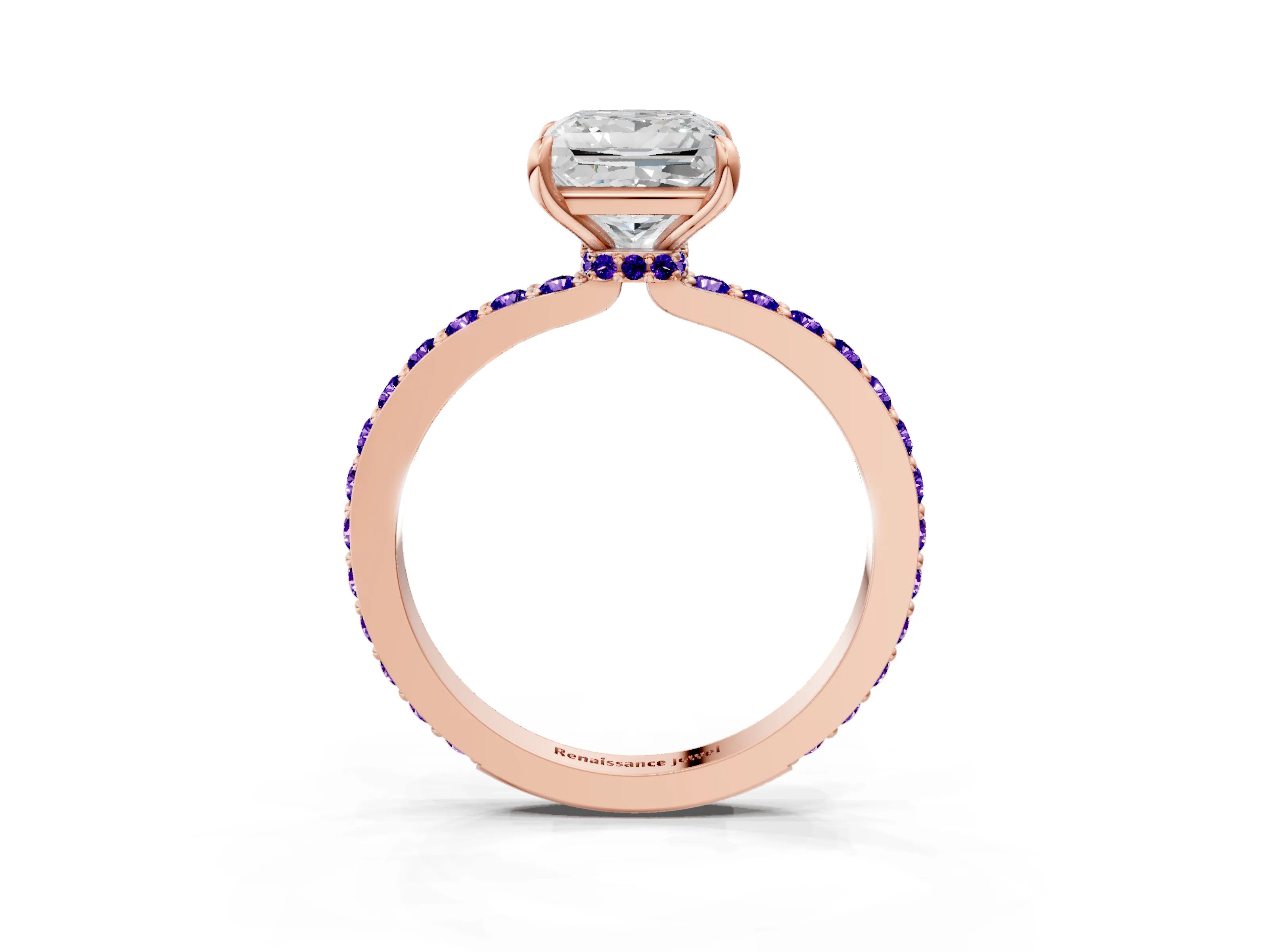 Rose gold Princess Cut Diamond Pavé Engagement Ring with Round with Tanzanite side stone Accents and Prong Setting_3