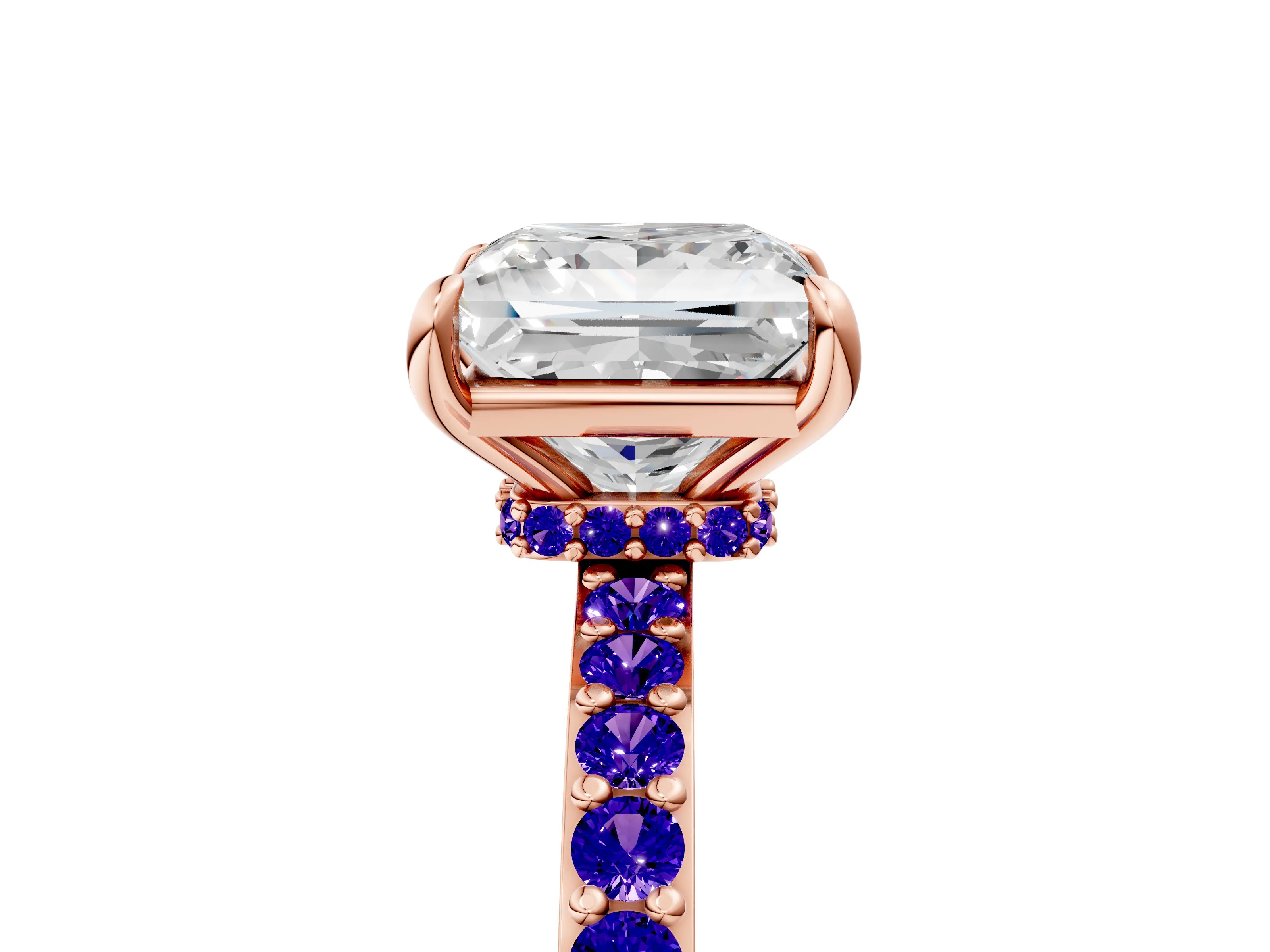 Rose gold Princess Cut Diamond Pavé Engagement Ring with Round with Tanzanite side stone Accents and Prong Setting_5