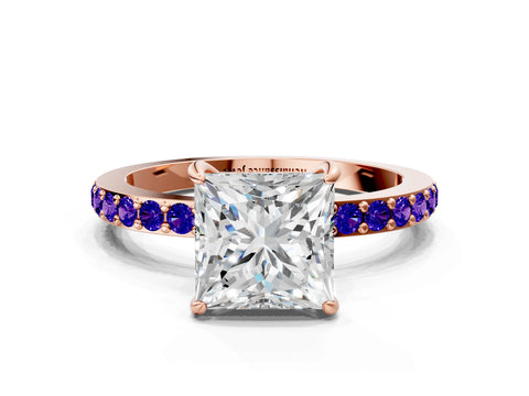 Rose gold Princess Cut Diamond Pavé Engagement Ring with Round with Tanzanite side stone Accents and Prong Setting