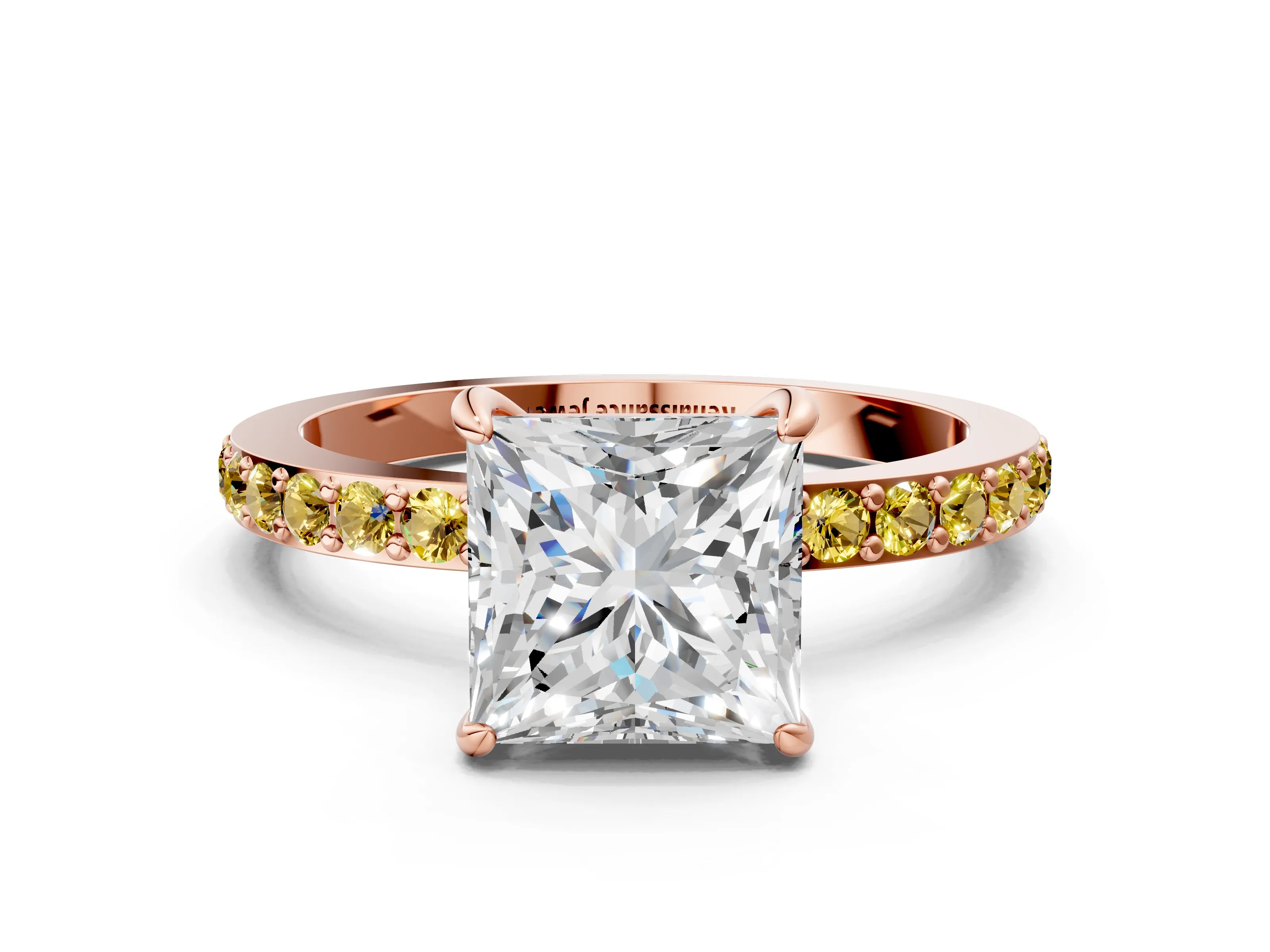 Rose gold Princess Cut Diamond Pavé Engagement Ring with Round with Yellow Sapphire side stone Accents and Prong Setting