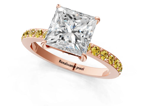 Rose gold Princess Cut Diamond Pavé Engagement Ring with Round with Yellow Sapphire side stone Accents and Prong Setting_1