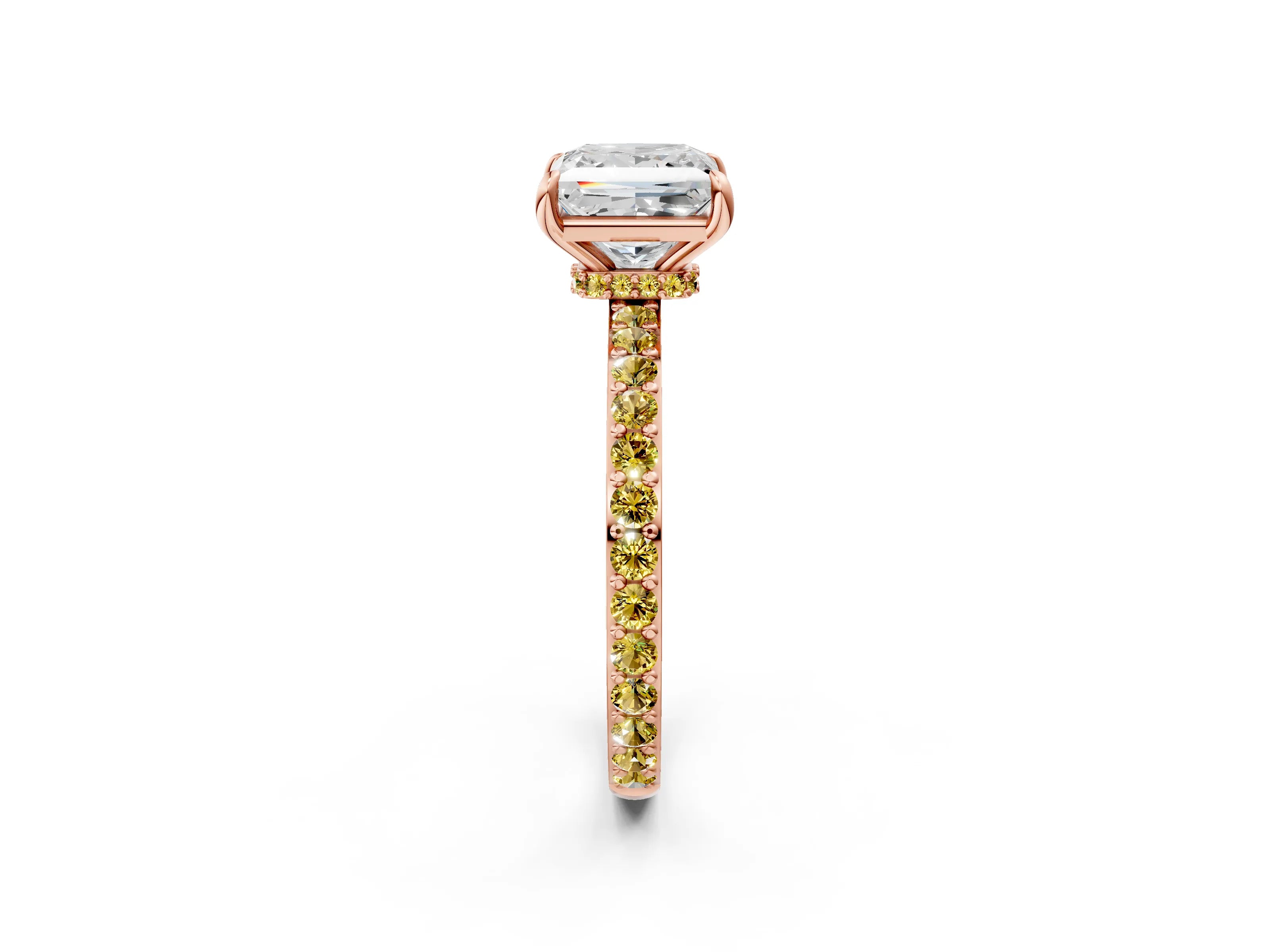 Rose gold Princess Cut Diamond Pavé Engagement Ring with Round with Yellow Sapphire side stone Accents and Prong Setting_2