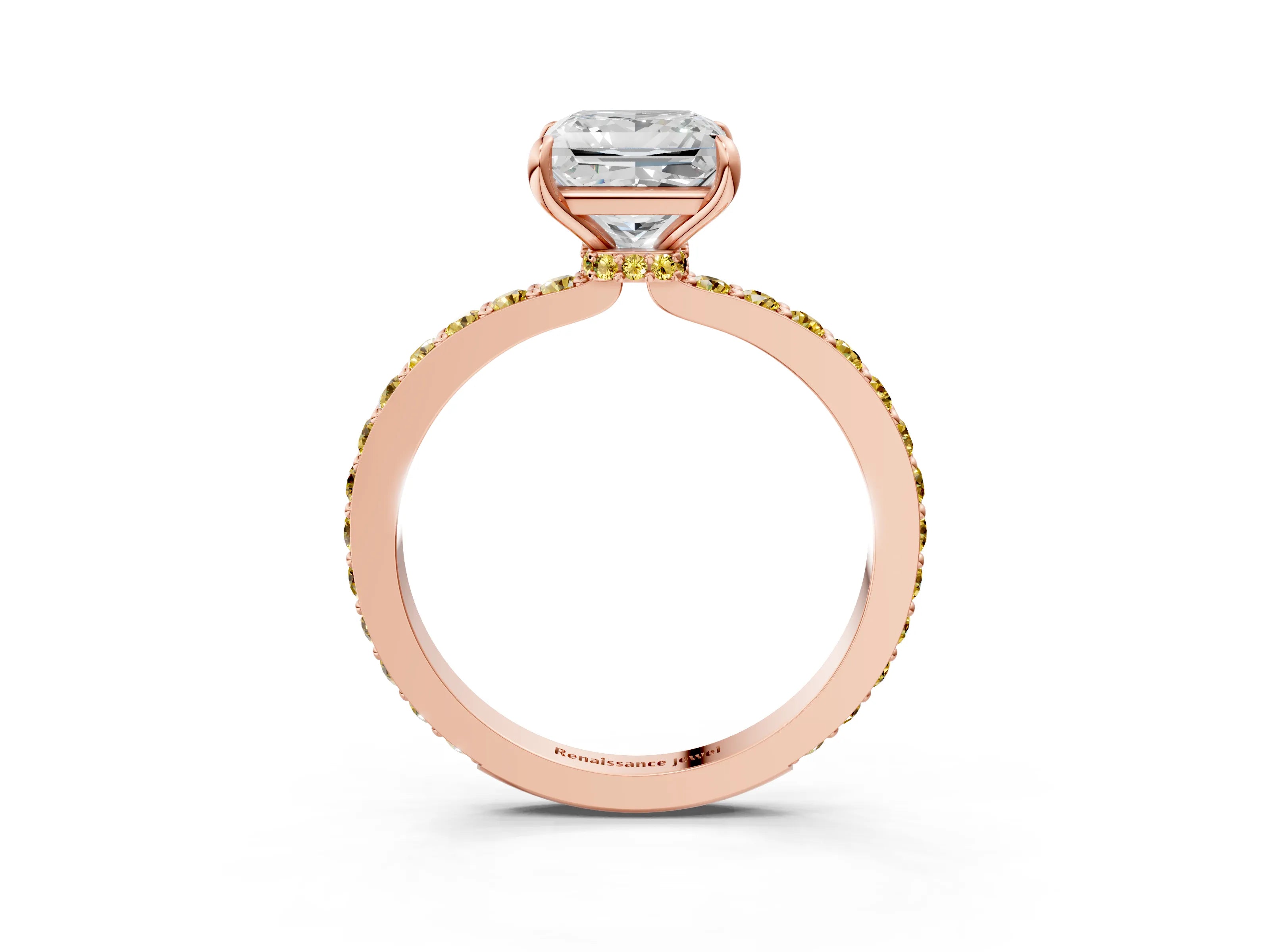 Rose gold Princess Cut Diamond Pavé Engagement Ring with Round with Yellow Sapphire side stone Accents and Prong Setting_3