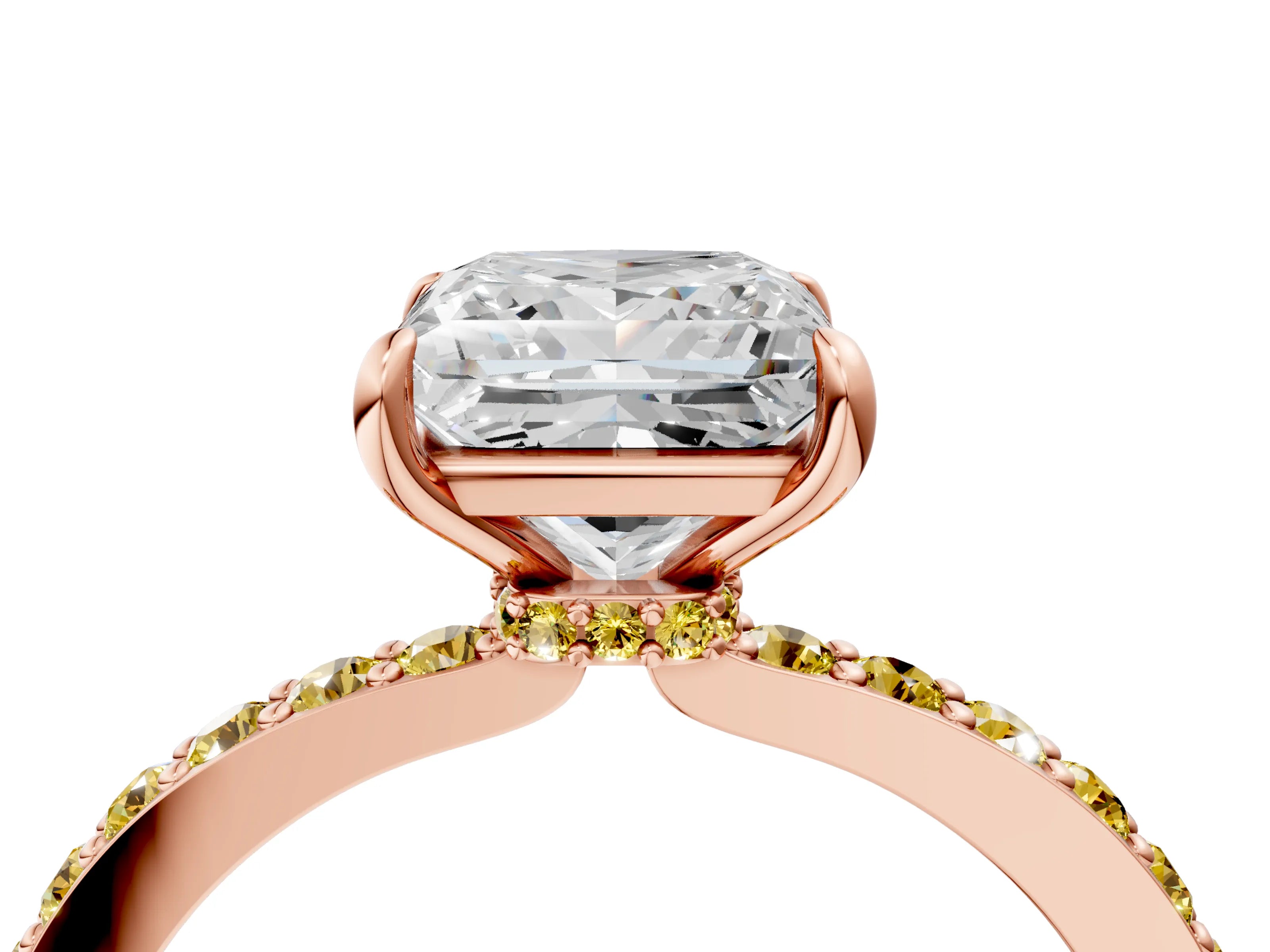 Rose gold Princess Cut Diamond Pavé Engagement Ring with Round with Yellow Sapphire side stone Accents and Prong Setting_4