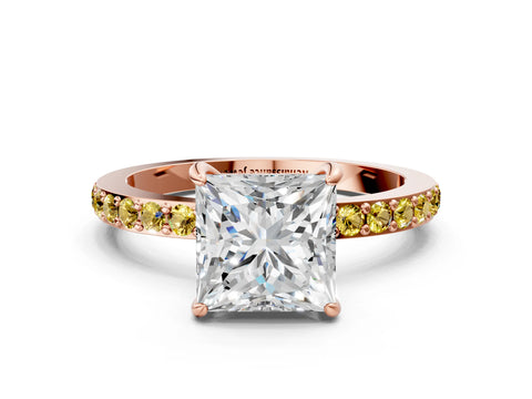 Rose gold Princess Cut Diamond Pavé Engagement Ring with Round with Yellow Sapphire side stone Accents and Prong Setting