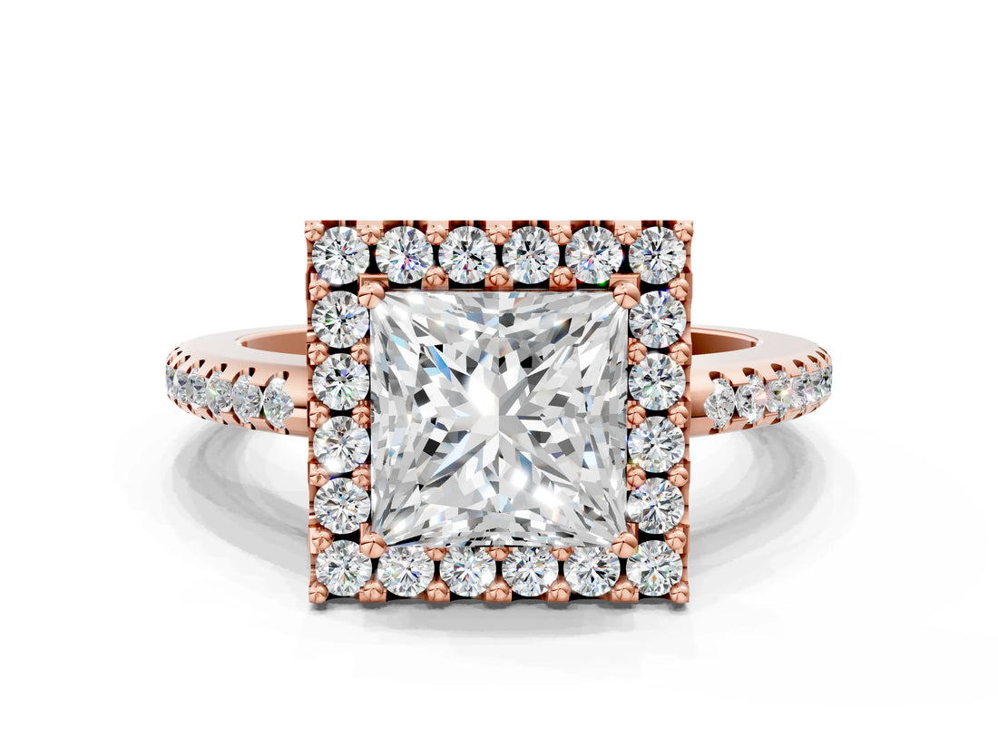 Rose gold Princess Cut Diamond Pavé Halo Ring with Four-Prong Setting_36