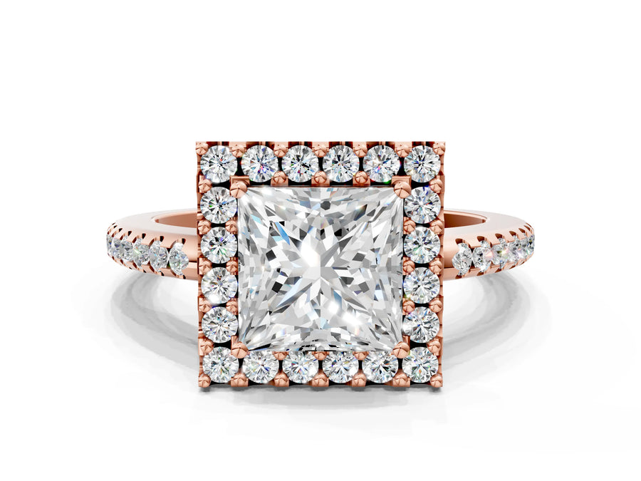Rose gold Princess Cut Diamond Pavé Halo Ring with Four-Prong Setting