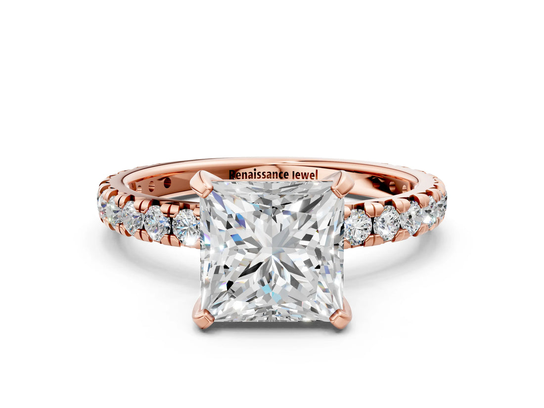 Rose gold Princess Cut Diamond Pavé Solitaire Ring with Round Band and Prong Setting_12