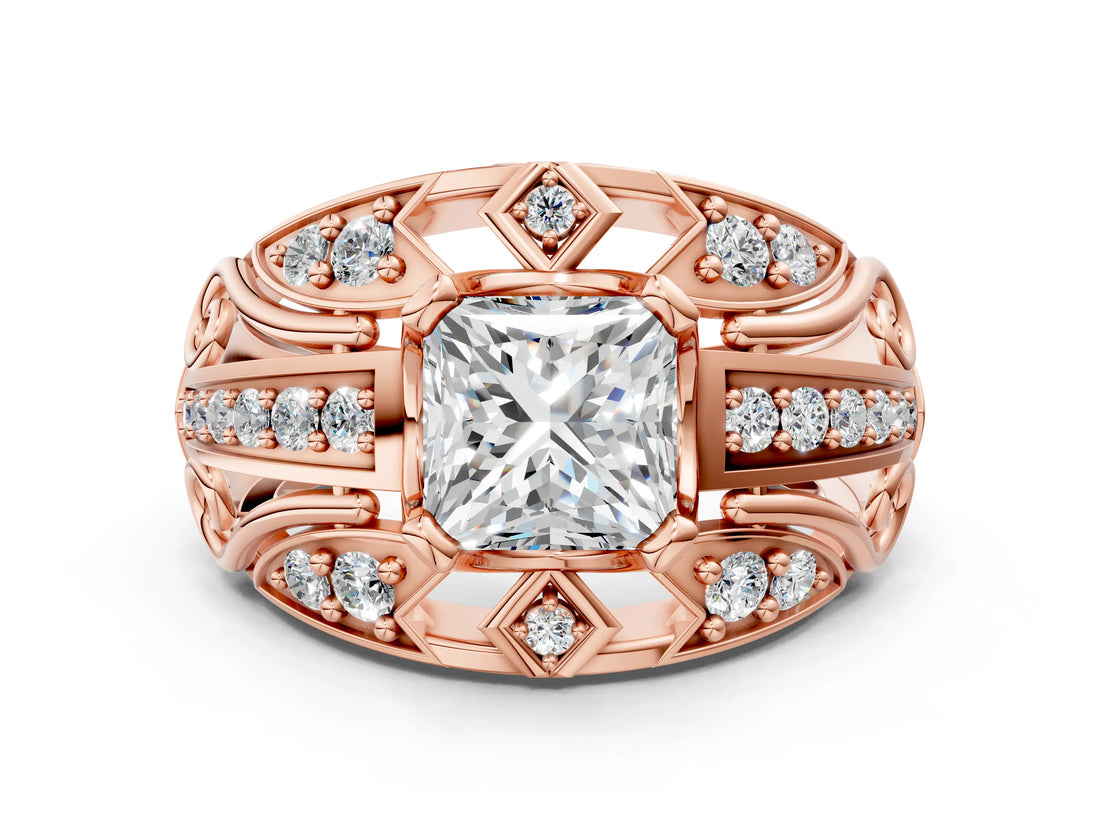 Rose gold Princess Cut Diamond Pave Art Deco Split Shank Ring with Four-Prong Setting_25