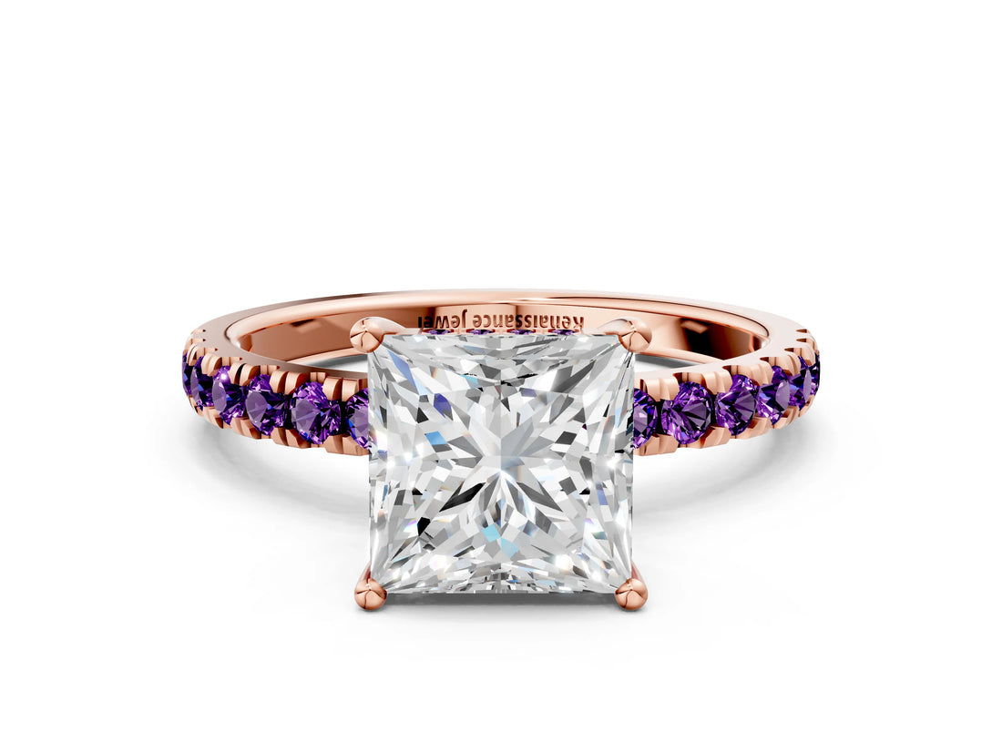 Rose gold Princess Cut Diamond Pave Band Solitaire Ring with Round with Amethyst side stone and Prong Setting