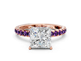 Rose gold Princess Cut Diamond Pave Band Solitaire Ring with Round with Amethyst side stone and Prong Setting