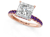 Rose gold Princess Cut Diamond Pave Band Solitaire Ring with Round with Amethyst side stone and Prong Setting_1