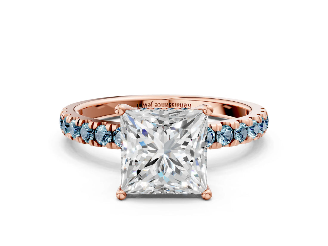 Rose gold Princess Cut Diamond Pave Band Solitaire Ring with Round with Aquamarine side stone and Prong Setting_12