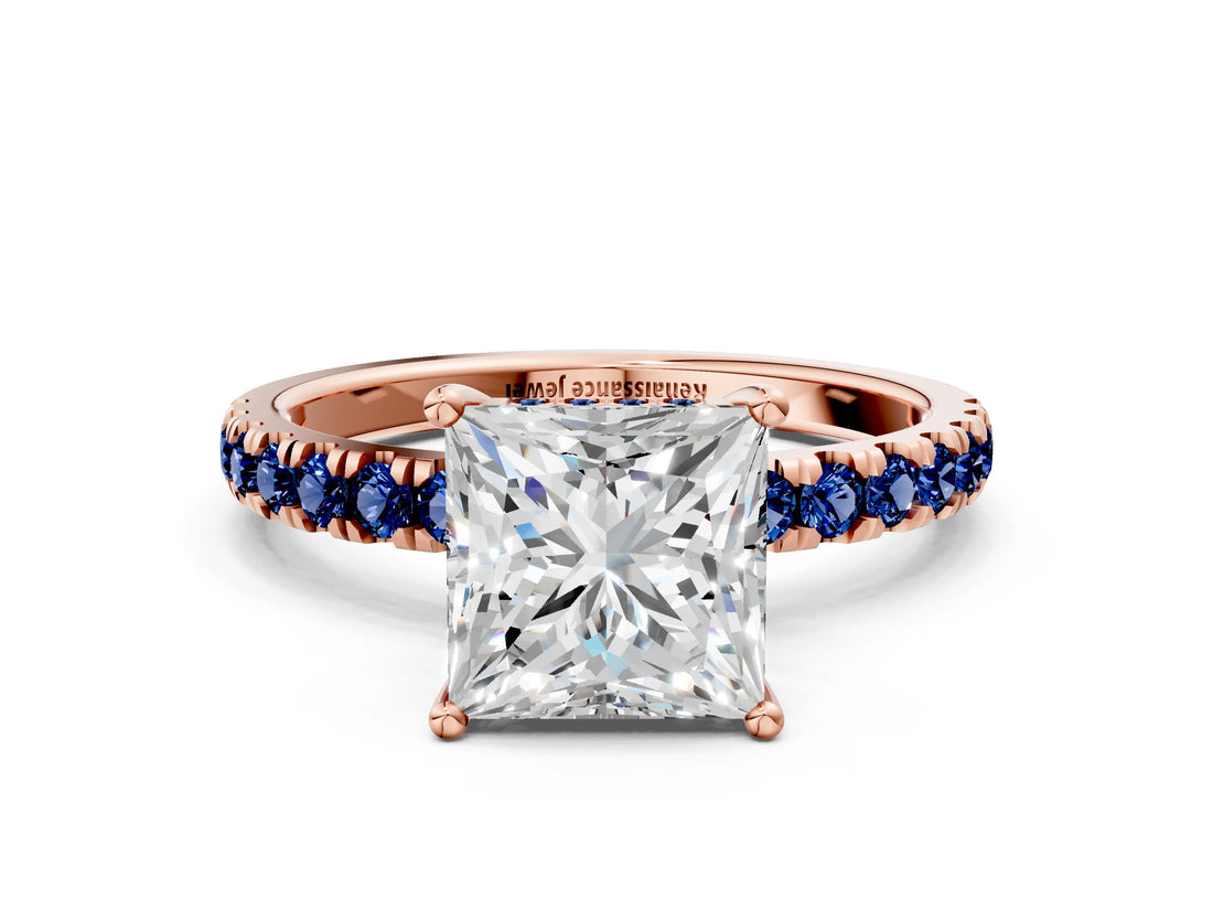 Rose gold Princess Cut Diamond Pave Band Solitaire Ring with Round with Blue Sapphire side stone and Prong Setting_12