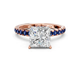 Rose gold Princess Cut Diamond Pave Band Solitaire Ring with Round with Blue Sapphire side stone and Prong Setting_12