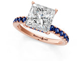 Rose gold Princess Cut Diamond Pave Band Solitaire Ring with Round with Blue Sapphire side stone and Prong Setting_13