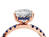 Rose gold Princess Cut Diamond Pave Band Solitaire Ring with Round with Blue Sapphire side stone and Prong Setting_16