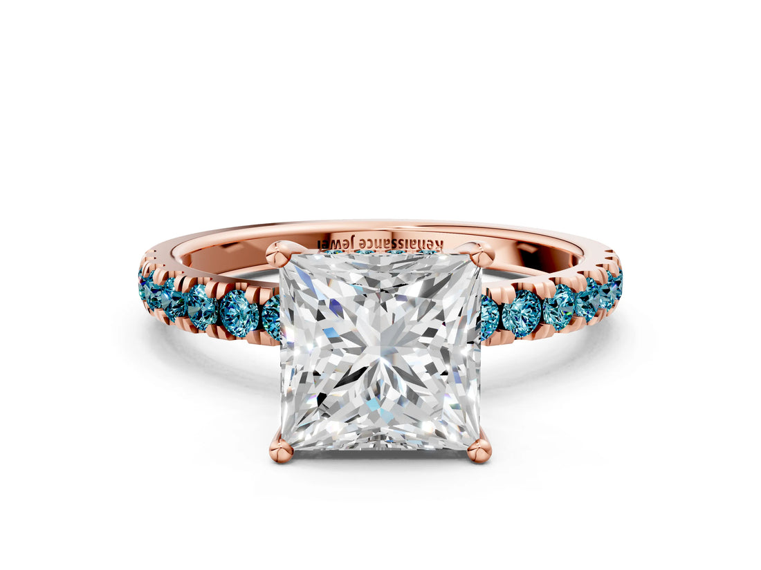 Rose gold Princess Cut Diamond Pave Band Solitaire Ring with Round with Blue Topaz side stone and Prong Setting_12