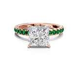 Rose gold Princess Cut Diamond Pave Band Solitaire Ring with Round with Emerald side stone and Prong Setting