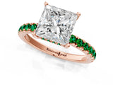 Rose gold Princess Cut Diamond Pave Band Solitaire Ring with Round with Emerald side stone and Prong Setting_1