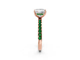Rose gold Princess Cut Diamond Pave Band Solitaire Ring with Round with Emerald side stone and Prong Setting_2