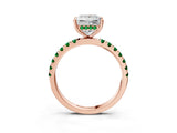 Rose gold Princess Cut Diamond Pave Band Solitaire Ring with Round with Emerald side stone and Prong Setting_3